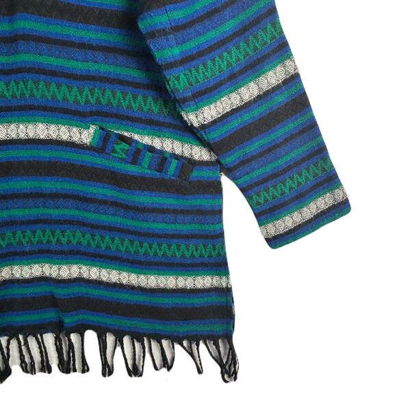 SACRED THREADS Hooded/Multicolored Striped/Fringe Hem Mexican Poncho Size S - Picture 4 of 10